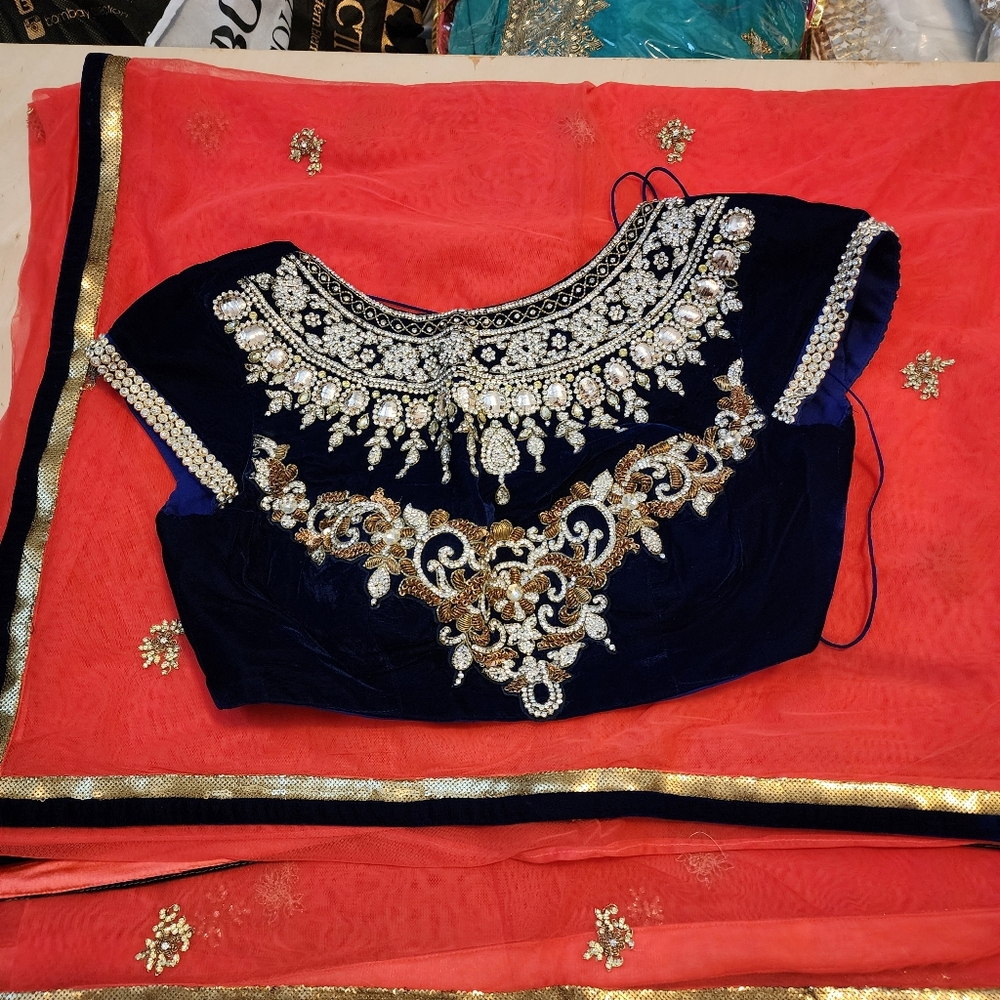Coral and Deep Blue Velvet Saree with Unique Gemstone Embellishments Blouse S
